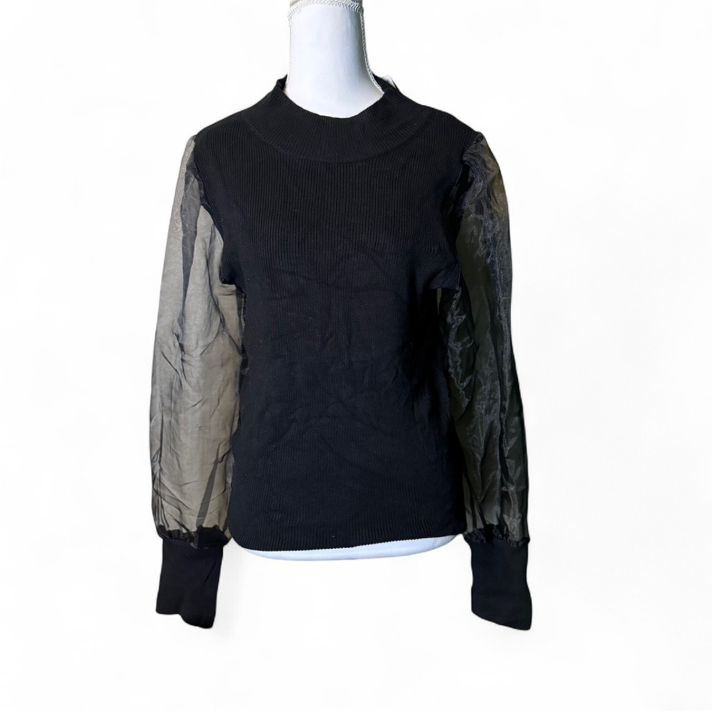 French Connection Black Mock Neck Sweater w/ Sheer Organza Sleeves Size M – NWT